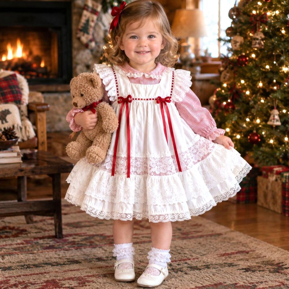 Vtg Baby Togs Pinafore Dress Set 18 Month Red White Striped Lace Holiday Cottage